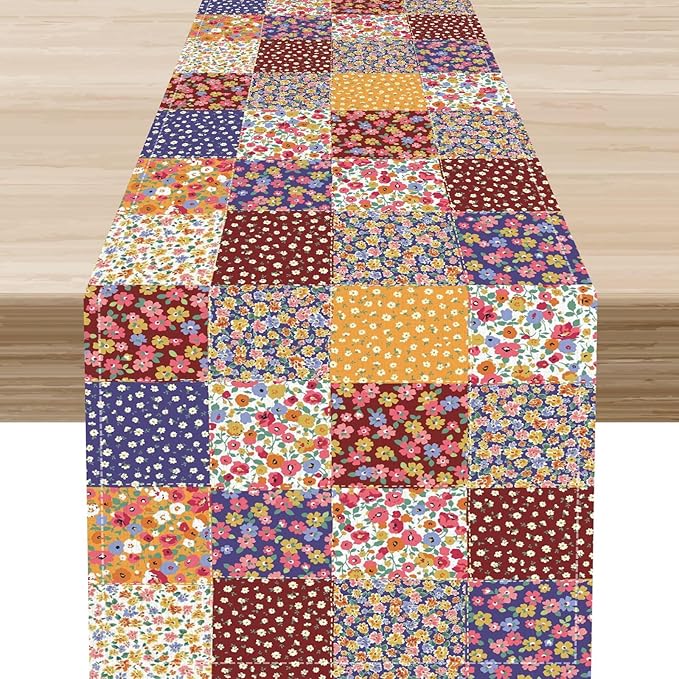 Patchwork Table Runner, Boho Vintage Floral Checkered Plaid Bohemian Paisley by Unknown