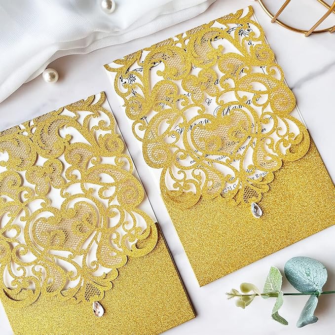 Hosmsua 5.12 x 7.3 50pcs Personalized Gold Laser Cut Flora Wedding Invitation - Image 4