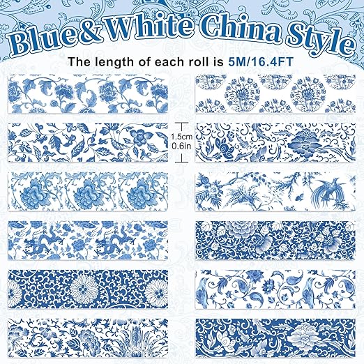 Whaline 12 Rolls Blue Floral Washi Tape Chinoiserie Flower Washi Tape Vintage - Image 2