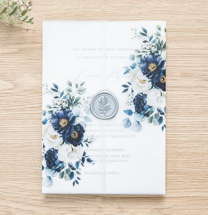 PONATIA 50PCS Vellum Jackets for 5x7 Invitation Cards- 135GSM Navy Blue Flowers - Image 7