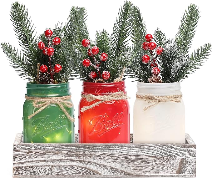 Christmas Mason Jars, Christmas Centerpiece Table Settings, Wood Tray by MARACCO