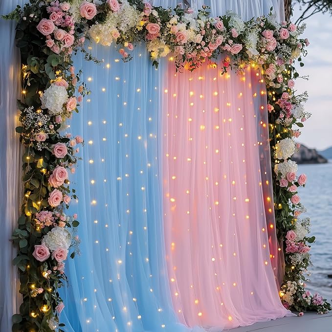 Tulle Backdrop Curtain with Lights String 10FT X 10FT Pink and Blue Sheer Tulle - Image 7