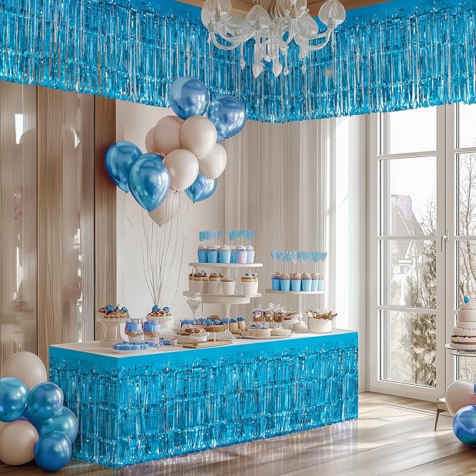 4 Pack Lake Blue Table Skirts, 29x108" Metallic Foil Tinsel Fringe Table Skirts - Image 7
