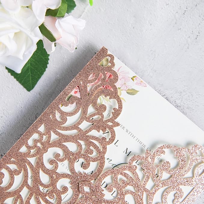 20Pcs Rose Gold Glitter Laser Cut Invitation Cards - Image 6