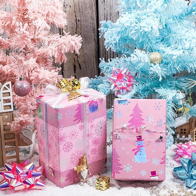 LeZakaa Christmas Pink Wrapping Paper Mini Roll, Snowman Christmas Tree & - Image 2