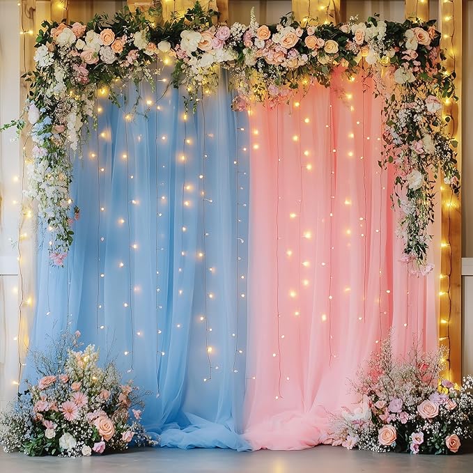 Tulle Backdrop Curtain with Lights String 10FT X 8FT Pink and Blue Sheer Tulle - Image 6