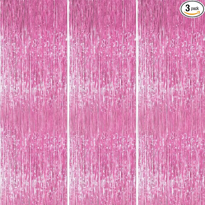 PartyWoo Pink Streamers Tinsel Backdrop Curtain 3pcs 8.2ft Foil Fringe Curtain by PartyWoo