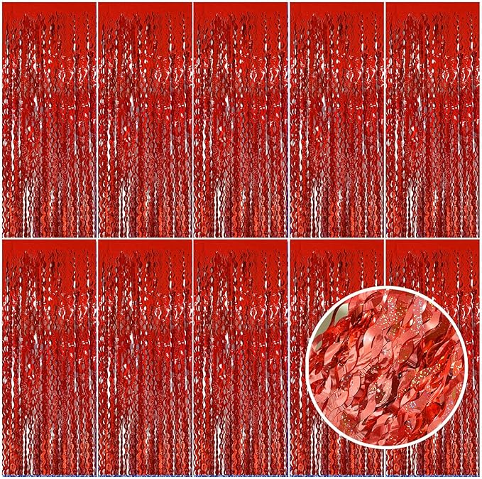 Red Tinsel Foil Fringe Curtains Wavy Backdrop by BOMSI