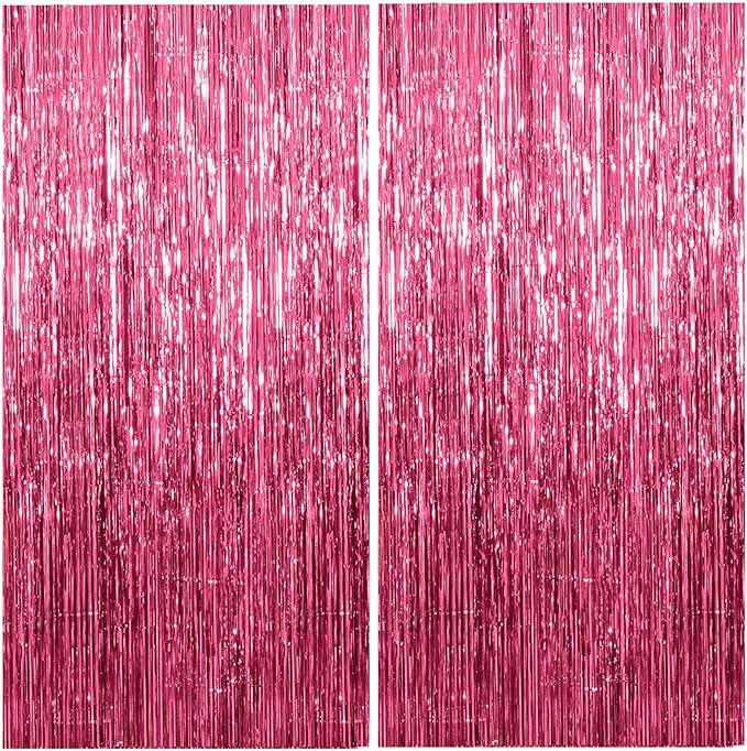 2 Pack Foil Curtain Backdrop Pink Metallic Tinsel Foil Fringe Curtains Photo by KEJ