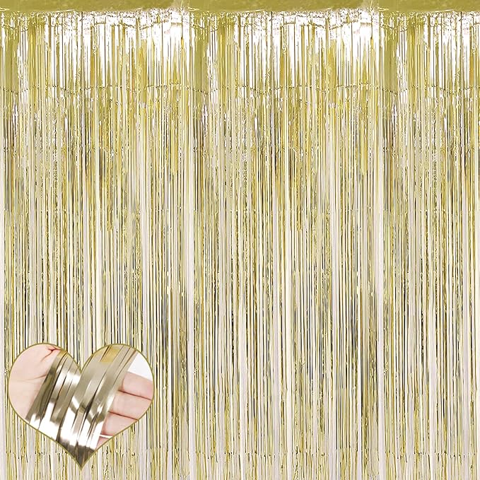 4 Pack Light Gold Fringe Curtain Backdrop, 3.2Ft x 6.6Ft Metallic Tinsel Foil by Mebiornt