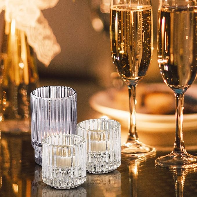 Serene Spaces Living Set of 4 Clear Ribbed Glass Votive Holders, Measures 2.25" - Image 4