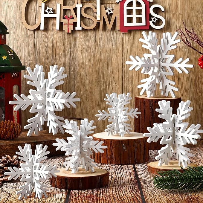 Bucherry 12 Pcs Wooden Snowflake Table Decor 3D Snowflake Tabletop Signs and by Bucherry