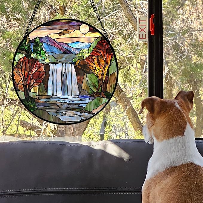 Stained Glass Window Hanging, Abstract Landscape Waterfall Mountains Trees - Image 4