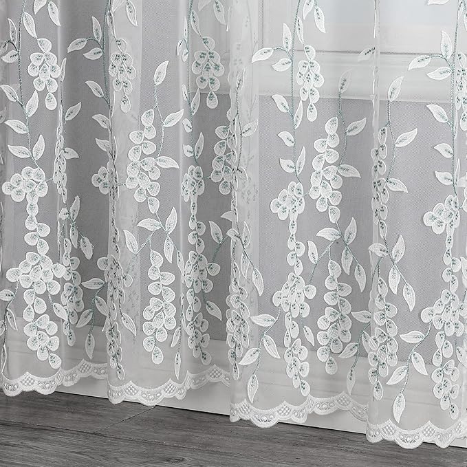 VISIONTEX White Sheer Voile Curtains, Decorative White Embossed Leaves Rod - Image 2