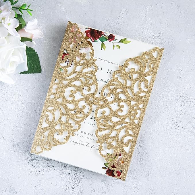 20Pcs Gold Glitter Laser Cut Invitation Cards - Image 2