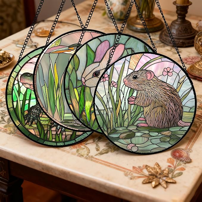 Stained Glass Window Hanging 4 Pcs Set Cute Animal 6.3"- Green Plant Pink - Image 2