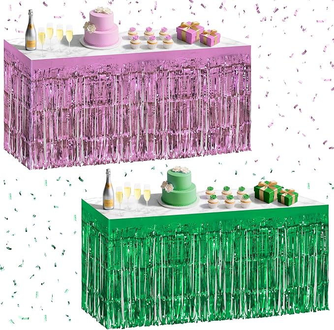 2 Pack Light Pink Green Table Skirts, 29x108" Metallic Foil Tinsel Fringe Table by Unknown
