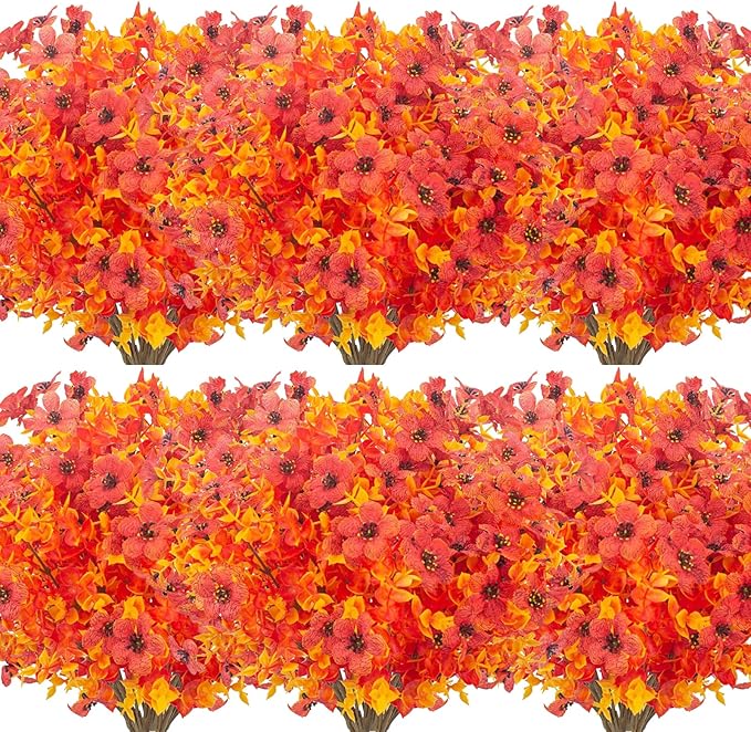 12 Bundles Artificial Fall Flowers Fake Plastic Plants Indoor Outside Hanging by XEOLIAN