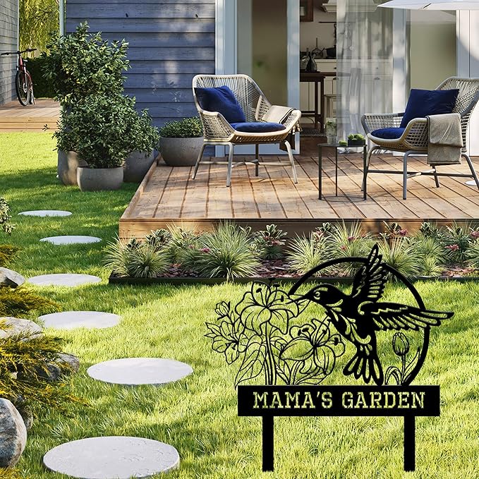 Personalized Garden Signs for Outside, Custom Metal Hummingbird Flowers Garden - Image 3