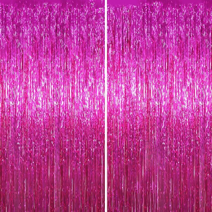 2 Pack Pink Foil Fringe Backdrop Curtains, Tinsel Streamers Birthday Party by Voircoloria