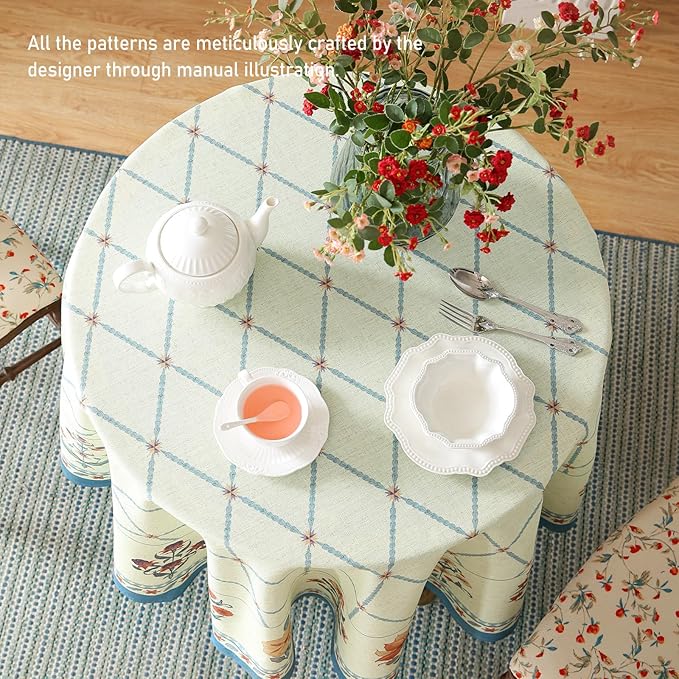 ISAENNE Designer Linen Floral Small Round Tablecloth, Light Green Farmhouse - Image 6