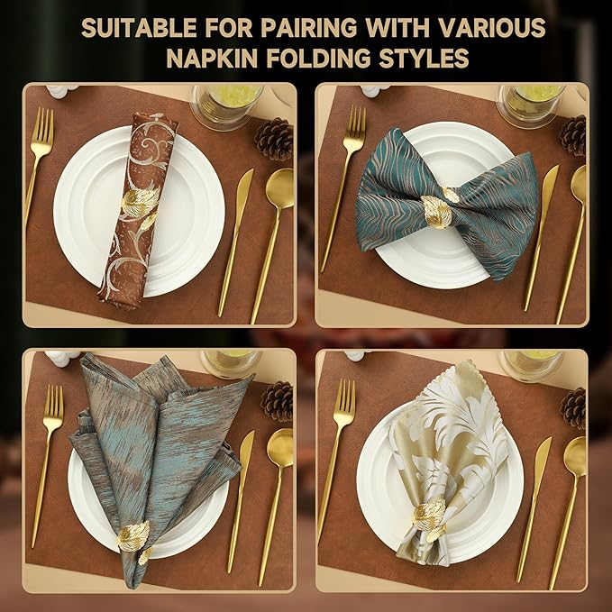 Gold Napkin Rings, Shiny Metal Napkin Rings Set of 12, Study Leaf Shaped Table - Image 4