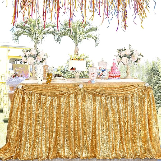 QueenDream Gold Table Cloth Party Decorations: Sequin Fabric 90x90 Inch Sparkle - Image 2