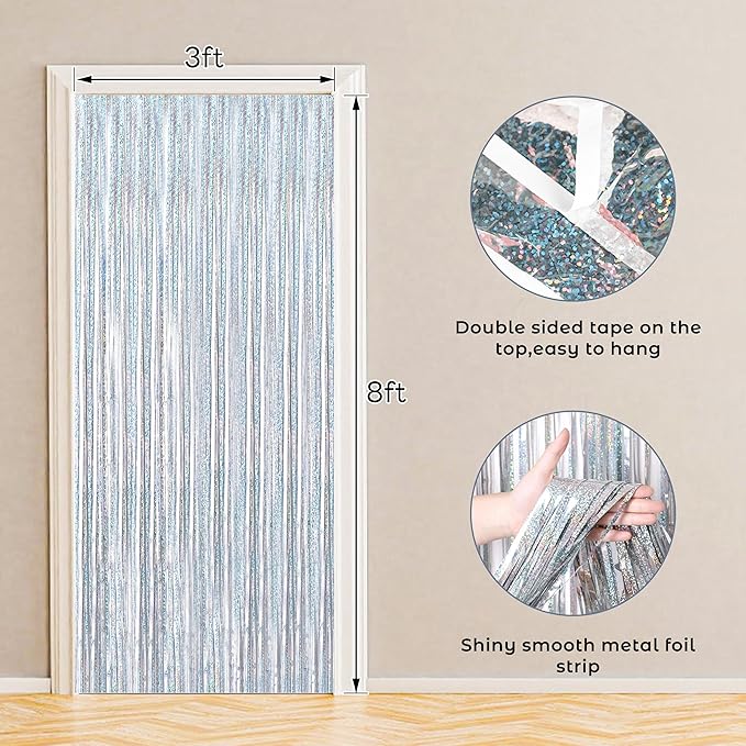 BTSD-home 4 Pack Laser Silver Foil Fringe Curtain Holographic, Metallic Photo - Image 4