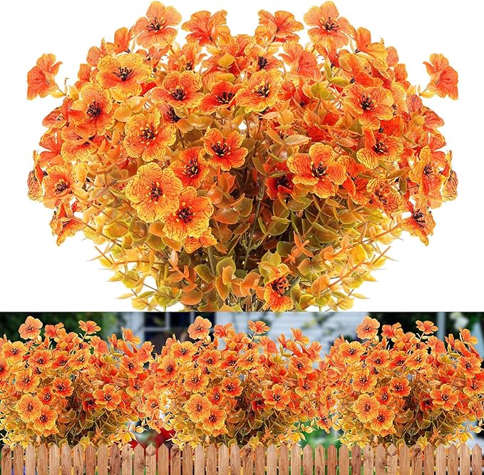 12 Bundles Artificial Fall Flowers Fake Plastic Plants Indoor Outside Hanging by XEOLIAN