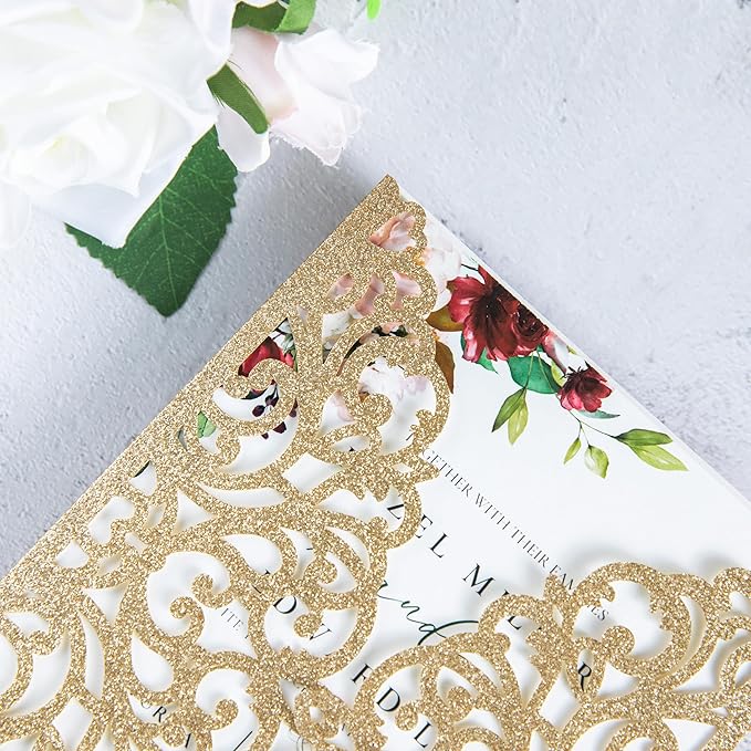 20Pcs Gold Glitter Laser Cut Invitation Cards - Image 6