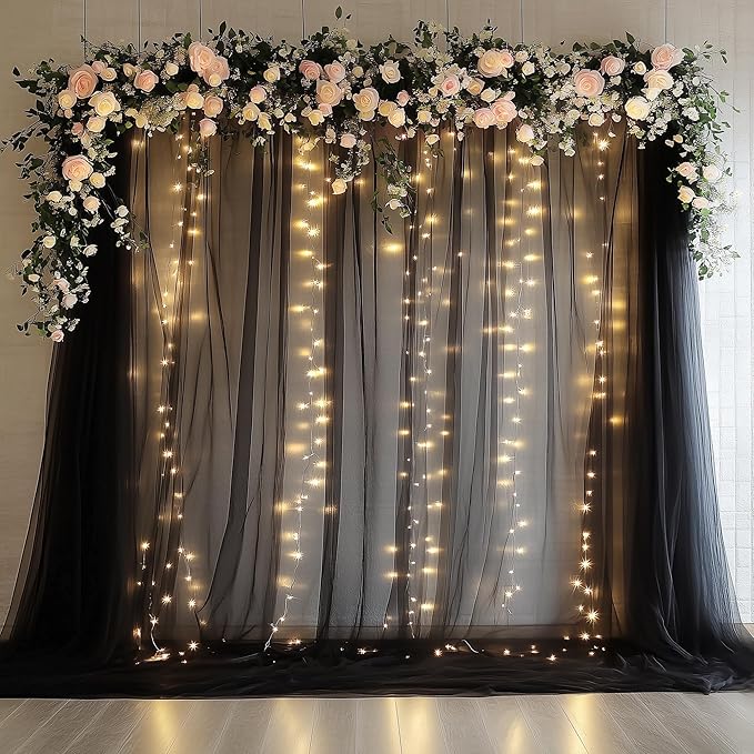 Tulle Backdrop Curtain with Lights String 10FT X 10FT Black Sheer Tulle by Xiomot