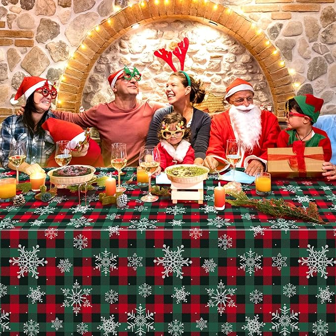 3Pcs Christmas Buffalo Plaid Snowflake Party Tablecloths Decorations, Plastic - Image 6