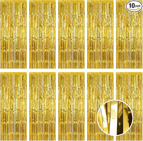 10 Pack Gold Foil Curtain Backdrop 3.2ft x 9.8ft Metallic Tinsel Foil Fringe by Ohiyoo
