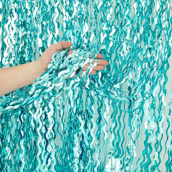 4 Pack 3.3 ft x 6.6 ft Wavy Aqua Teal Blue Tinsel Foil Fringe Curtains Backdrop - Image 2
