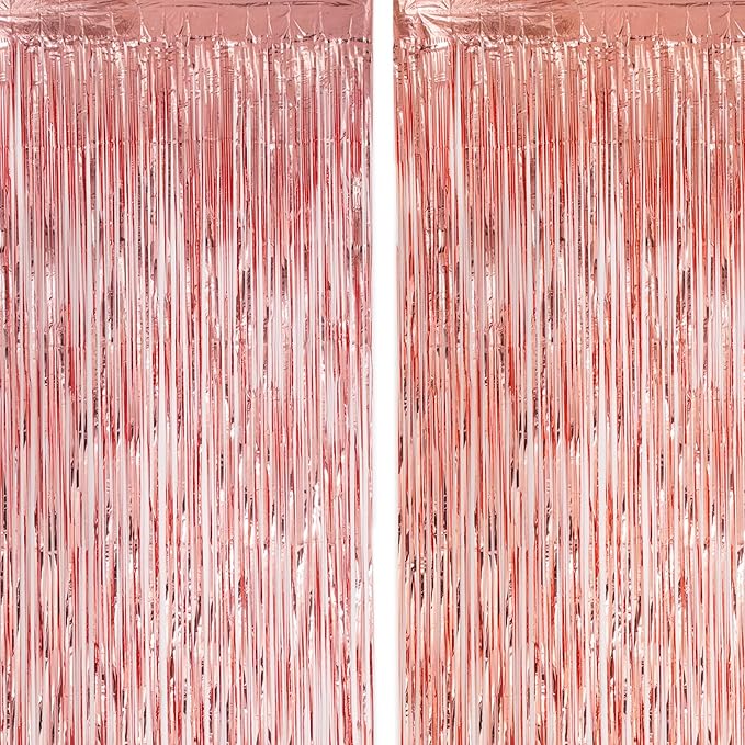 2 Pack Rose Gold Tinsel Foil Fringe Curtains, Rose Gold Party Decorations by Voircoloria