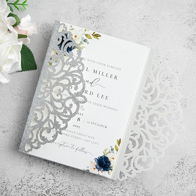 20Pcs Silver Glitter Laser Cut Invitation Cards - Image 5