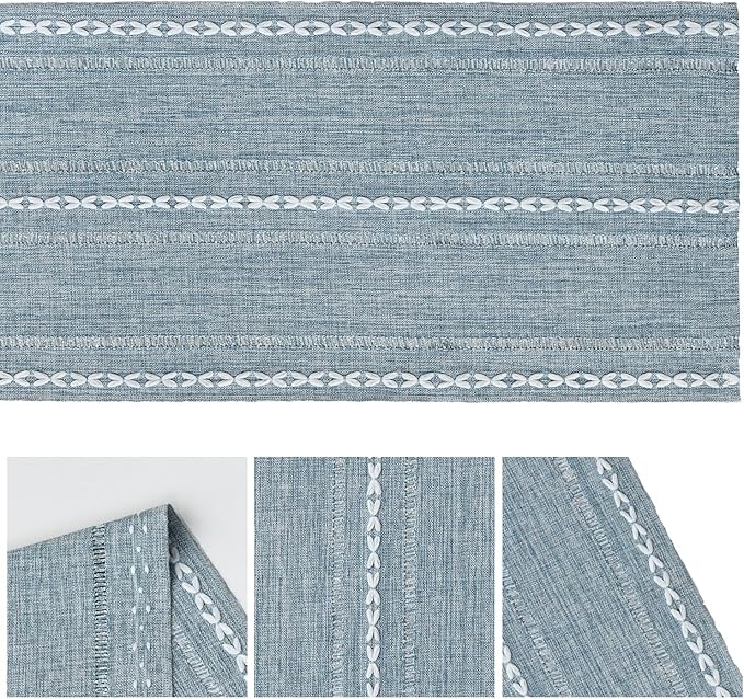 Artoid Mode Dusty Blue Cotton Linen Table Runner, Seasonal Rustic Embroidered - Image 6