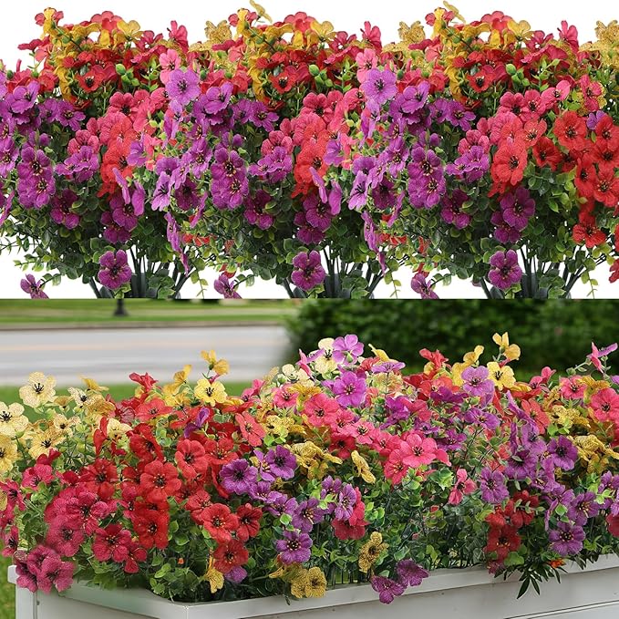 Artificial Flowers for Outdoors 12 Bundles, UV Resistant Colorful Fake Silk by LUOAIYI