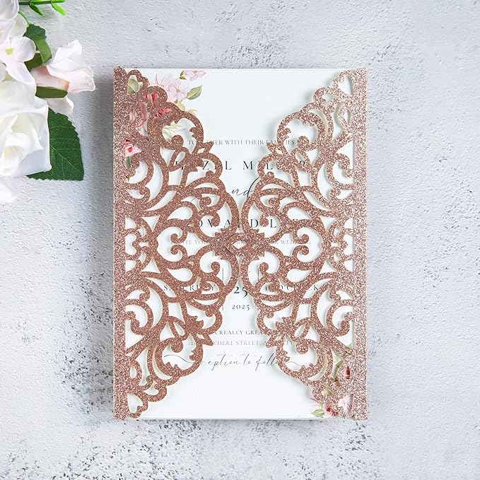 20Pcs Rose Gold Glitter Laser Cut Invitation Cards by FEIYI
