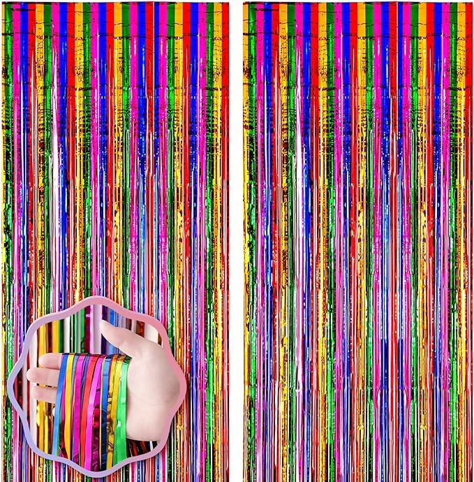 2 Pack 3.3x8.2 Feet Rainbow Foil Fringe Backdrop Curtains, Tinsel Streamers by Voircoloria