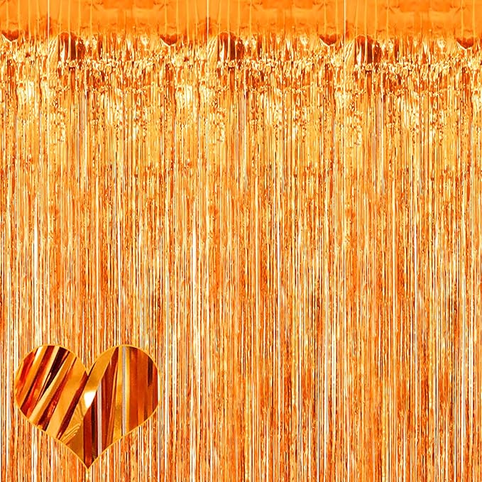 4 Pack Orange Fringe Curtain Backdrop, 3.2Ft x 6.6Ft Metallic Tinsel Foil by Mebiornt