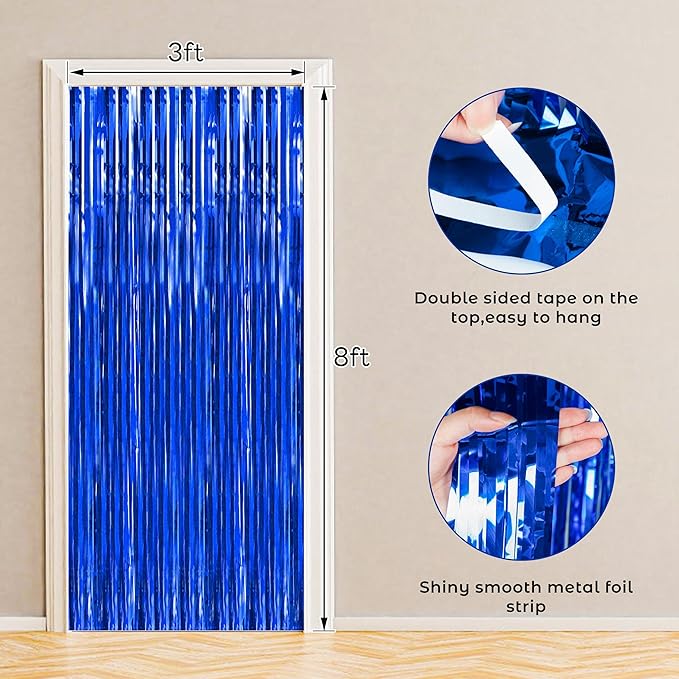 BTSD-home Blue Foil Fringe Curtain, Metallic Photo Booth Backdrop Tinsel Door - Image 3