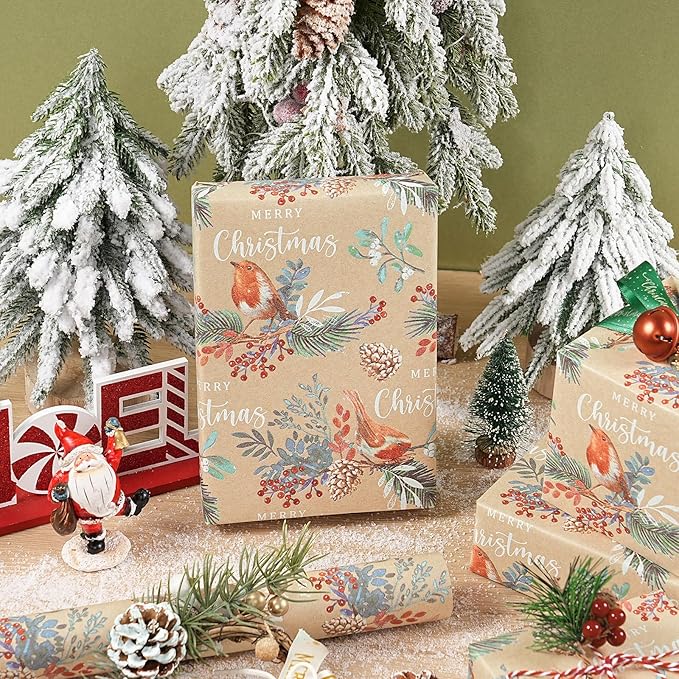 RUSPEPA Kraft Christmas Wrapping Paper Roll, Mini Roll, Vintage Bird on Pine - Image 3