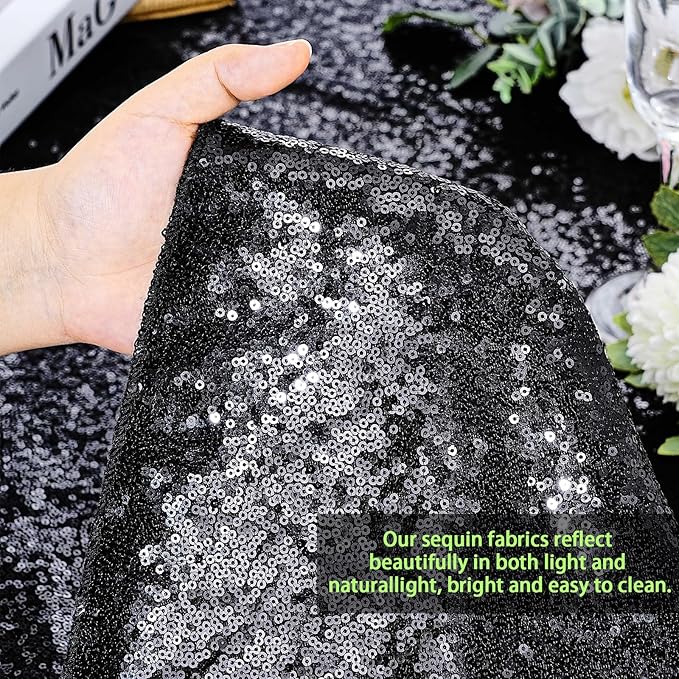 QueenDream Black Sequin Tablecloth 60" x 102" Black Table Cloth Rectangle - Image 2