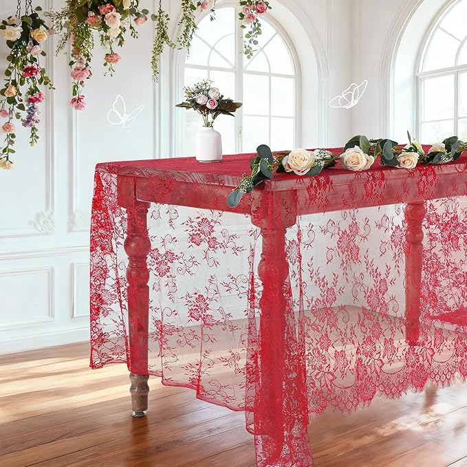 LuoluoHouse Red Tablecloth Christmas Lace Table Fabric 2pcs 60x120 Inch - Image 4