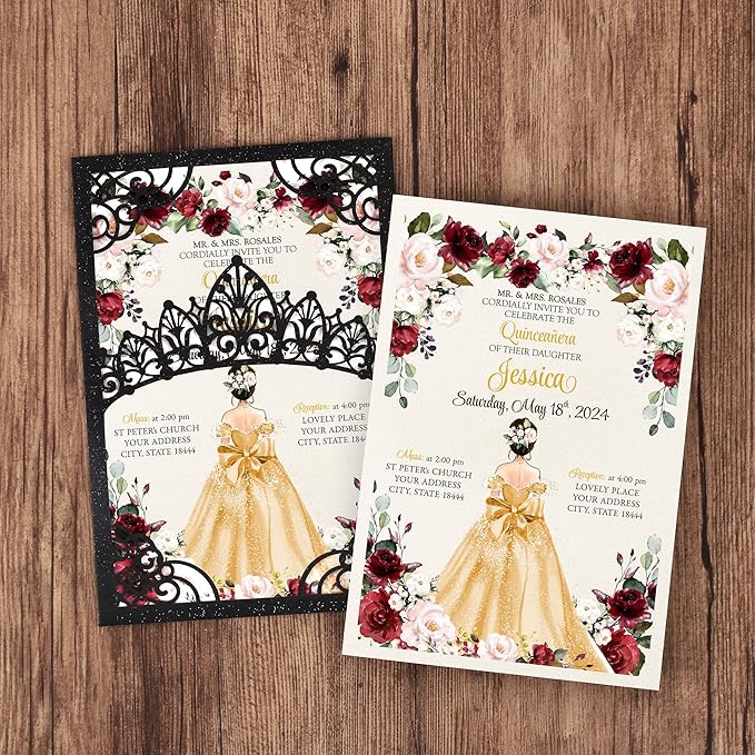 50Pcs Gold Crown Invitations for Quinceanera, 15 year, Sweet 16, Miss XV - Image 2