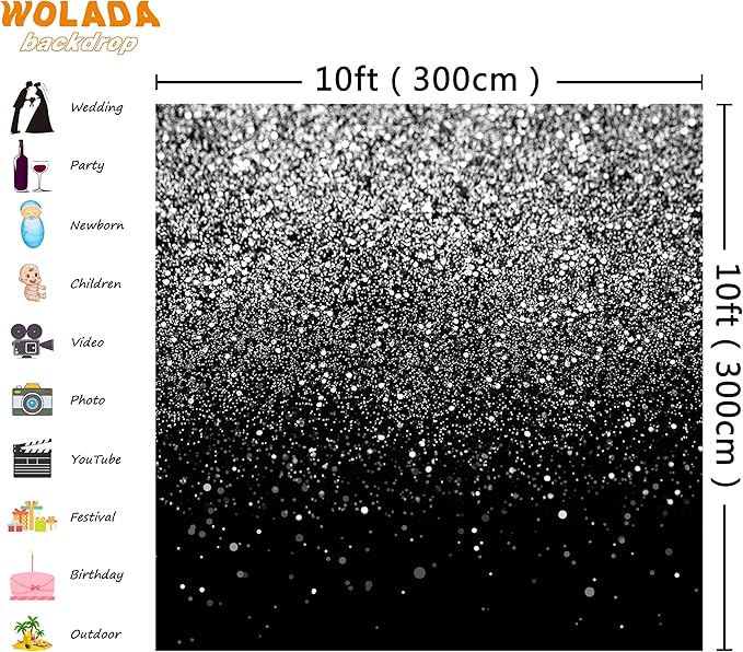 WOLADA Black and Silver Backdrop Silver Glitter Backdrop - Image 3