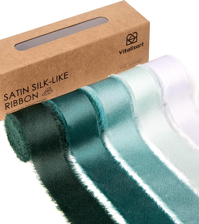Vitalizart Silk Like Satin Ribbon 1 inch x 25 Yard Green & Sage Handmade Frayed by Vitalizart
