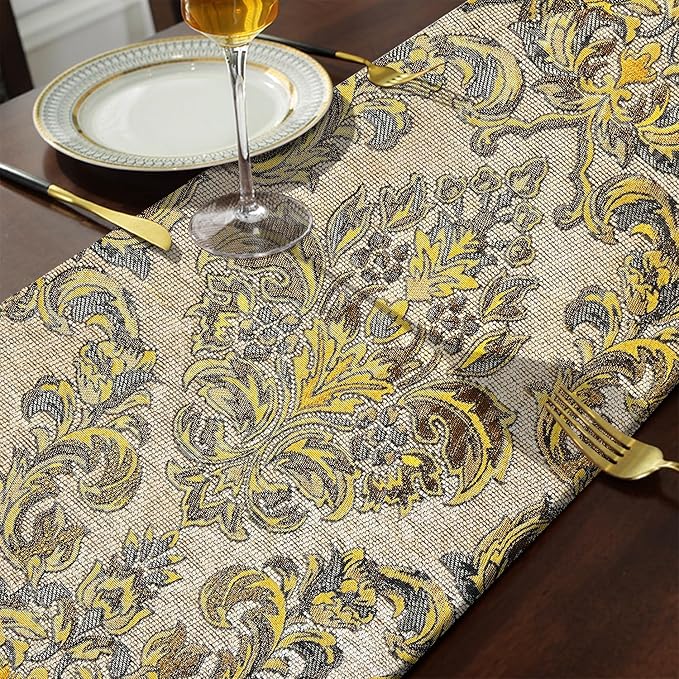 Large Dinner Room Table Runner Jacquard Chenille Luxury Floral Tablecloths Beige - Image 5