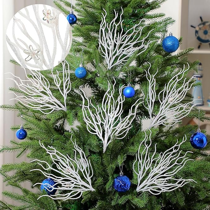 8 Pcs White Coastal Ornaments for Christmas Tree 15.7inch Glitter Coral Beach - Image 3